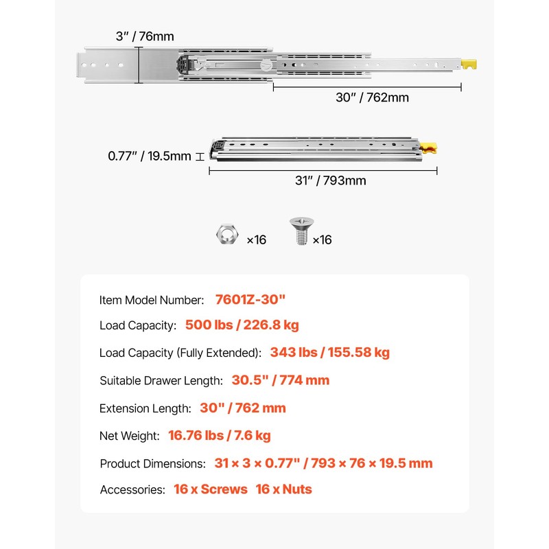 VEVOR Heavy Duty Drawer Slides, 1 Pair 30inch Locking Drawer
