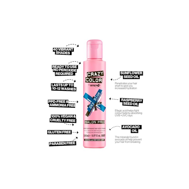 Crazy Color Semi Permanent Hair Color Cream, 150ML (SKY BLUE)