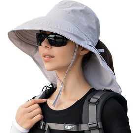 29 IYEBRAO Womens Sun Hat with Neck Flap and Ponytail Hole Wide Brim UPF 50+ Bucket Hat Beach Fishing Hiking Safari（Light Grey）