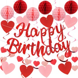 YEOCU Birthday Decorations, NO DIY, Pre-Strung Happy Birthday Banner with Honeycomb Balls, Hanging Swirls, Circle Dots Garland, Happy Birthday Party Decorations for Women Men Boys Girls (Red)