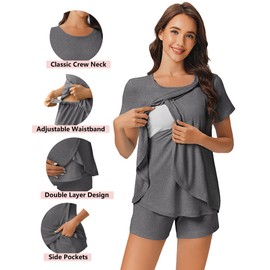 Ekouaer 3 PCS Maternity Nursing Pajamas Set Postpartum Breastfeeding Short Sleeve Shirts, Pregnancy Shorts & Pants Pjs Grey XXL