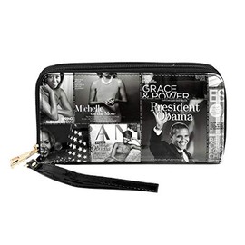 Amy&Joey Glossy magazine cover collage Michelle Obama printed large capacity zipper wallets with wrist band (Picture #01-BK)