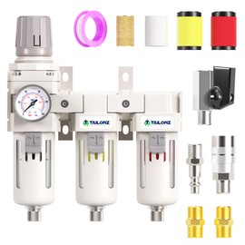 TAILONZ PNEUMATIC 0-150PSI 3/8 Inch NPT Grade 3 Stage Air Drying System, Particulate Filter, Air Filter Pressure Regulator Combo Piggyback, Air Tool Compressor Filter with Gauge (Semi-Auto Drainage）