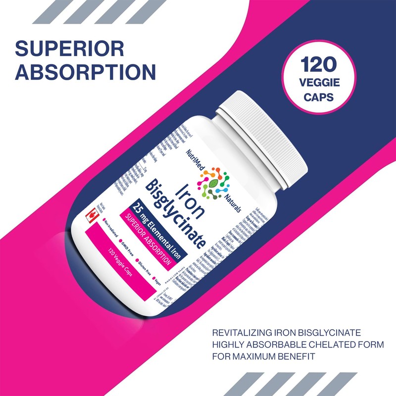 Iron Bisglycinate Iron Supplement 120 Caps - 25mg Elemental Iron