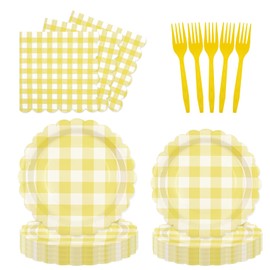 PUEVENYI 96Pcs Yellow Gingham Party Supplies - 7&9 Inch Scalloped Paper Plates and Napkins Disposable Yellow and White Plaid Party Decorations for Birthday Baby Shower Wedding,Serves 24