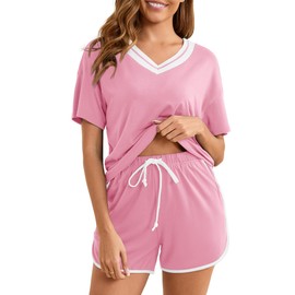 Becotal Women's Short Pyjamas Summer Shorty Sleepwear Cotton Loungewear Outfit V-Neck Leisure Suit Two Piece Set Women Pyjamas Short Sleeve, pink, L