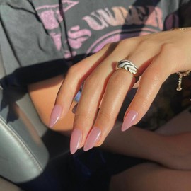 KQueenest Chrome Press on Nails Short Almond Fake Nails Acrylic,Medium Chrome Nails Press on Natural Soft Gel Nails For Women Girls With Pearlescent Shell Effect UV Cover False Nails Set Glazed Pink