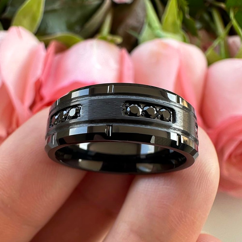 TUTISS 8mm Black Tungsten Rings for Men Women Eternity Engagement