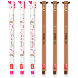 LEGAMI - Set of 6 Erasable Gel Pens with Thermosensitive Erase Ink, Range of ink colours & barrel designs, 0.7mm Tip, Unicorn, Teddy Bear Designs