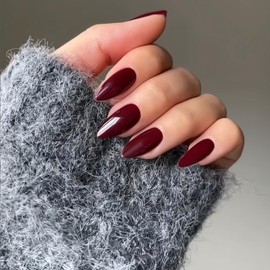 SXVME 48 Pcs Cherry Red False Nails Almond Medium, Burgundy Acrylic Press on Nails Stiletto, Solid Color Glossy Gel Full Cover Fake Nails for Women Finger Decoration
