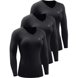 NELEUS Women's 3 Pack Compression Shirts Long Sleeve Yoga Athletic Running Shirts,V-Neck,Black/Black/Black,L