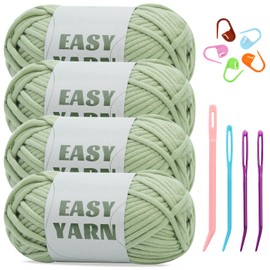 dipeer 4x50g Light Green Yarn, Crochet & Knitting Yarn for Beginners Easy-to-See Stitches Chunky Thick Cotton Nylon Blend Yarn for Crocheting with Crochet Accessories