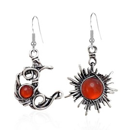 Vintage Boho Opal Sun and Moon Drop Dangle Earrings Moonstone Natural Stone Hook Bohemian for Women Asymmetrical Antiqued Silver Celestial Jewelry, Stainless Steel Crystal, crystal