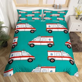 Loussiesd Ambulance Bed Linen Set Children's Car Bedding Set 135 x 200 cm Boys Girls Decor Cartoon Car Duvet Cover Set Microfibre Emergency Vehicles Green Bedroom Bed Linen