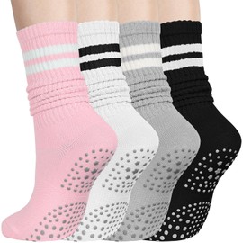 Pilates Socks with Grips for Women, Crew Slouch Slouchy Yoga for Barre Workout Hospital Long Scrunch Slipper Socks