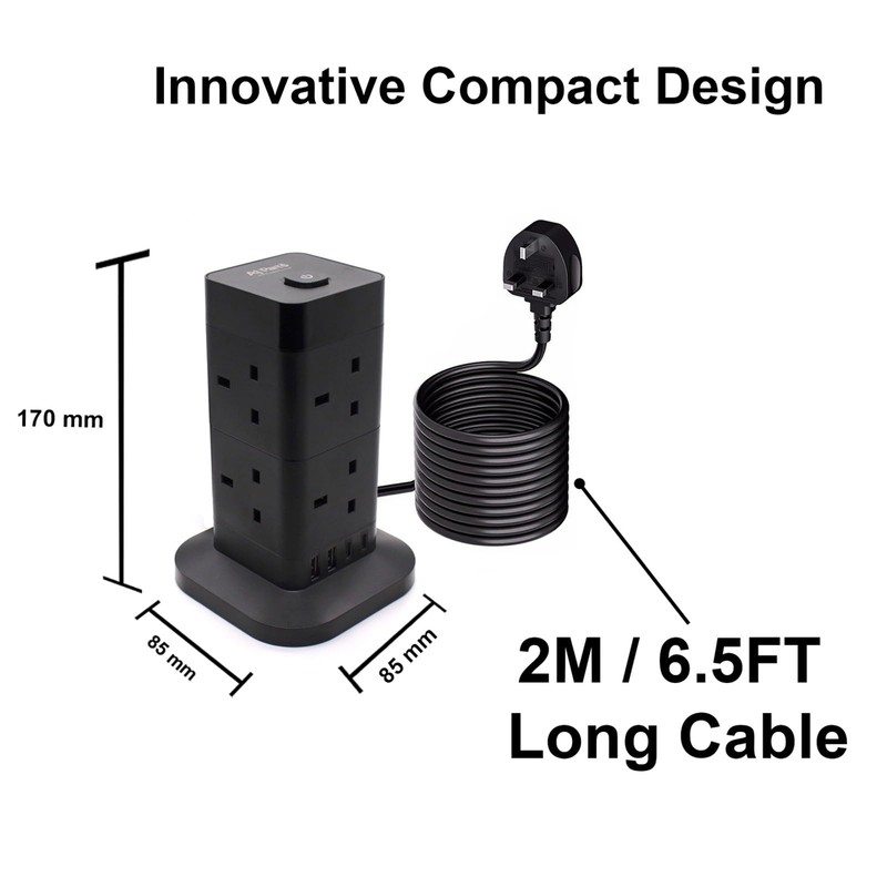AJP Tower Extension Lead with USB Slots 8 Way Plug