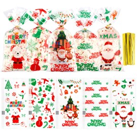 Christmas Treat Bags, 100 PCS Christmas Cellophane Treat Bags, Plastic Clear Xmas Candy Bag with 100 Pcs Twist Ties for Cookie Goodies Gift Present Wrap for Xmas Party Favor Supplies, 5.04x10.63 Inch