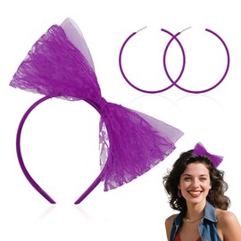 80s Halloween Costume Accessories for Women Vintage Lace Bow Headband and 80s Earrings Purple Large Lace Headband with Bow and 80 s Hoop Earrings for Woman Retro 1980s Hair Accessories and Earrings