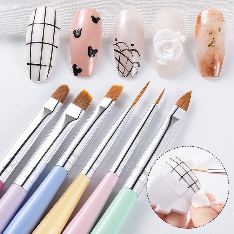 Nail Brushes, Set of 6, Ultra Fine Liner, Flat Brush,