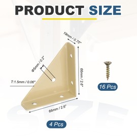 PATIKIL Corner Brace Brackets, 4Pcs 66mm x 66mm Carbon Steel Triangle Corner Braces Angle Joining Support with Screws for Wood Shelf Bed Desk Edge, Khaki