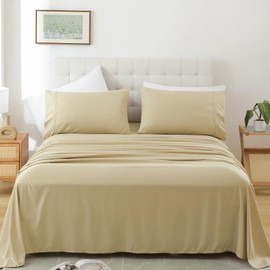 Whitney Home Textile King Size Sheet Set - Luxury Soft Comfy Bed Sheets, Breathable Cooling Hotel Bedding for Women, Men, Teens, Extra Deep Pocket, Easy-Fit, Oeko-Tex, Wrinkle Free 4 Piece - Beige