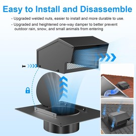 4 Inch Removable Roof Vent Cap, 430 Stainless Steel Roof Vents for Houses, 4 Inch Exhaust Vent for Ventilation System-with Damper, Rainproof and Snowproof(Black)