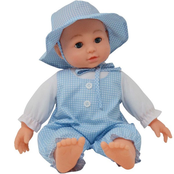 16 inch Realistic Baby Doll with Plush Body, Soft Vinyl Head & Extremities, Gingham Print Summer Outfit Bonnet Hat, Blinking Open & Close Eyes – Boxed 16” Kid’s Doll Gift for Toddler Girl, Boy (Blue)