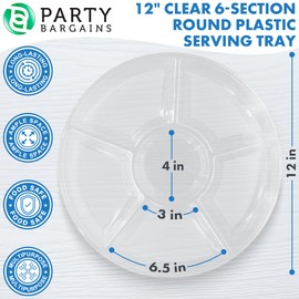 PARTY BARGAINS 12" Round Plastic Serving Tray, 6-Sections, Clear, Pack of 8