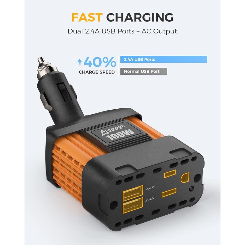 Ampeak 100W Car Power Inverter 2 Usb 2.4A Ports Ac