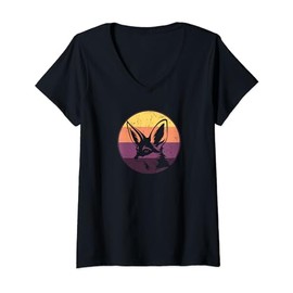 Womens Minimalist Sunset Fennec Fox V-Neck T-Shirt