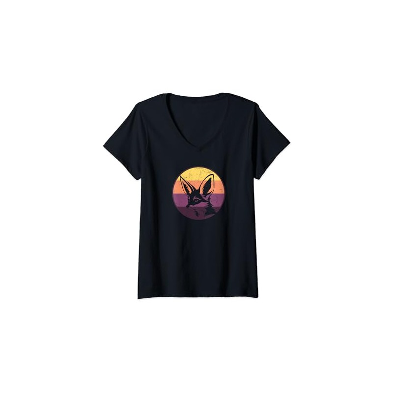 Womens Minimalist Sunset Fennec Fox V-Neck T-Shirt