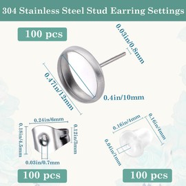 SOFPLATE 1 Box 100Pcs 10Mm Stud Earring Blanks Cabochon Stud Earring Blanks hypoallergenic Stainless Steel Flat Round Earring Studs with Ear Nut Silver Ear Posts for Jewellery Making Supplies DIY