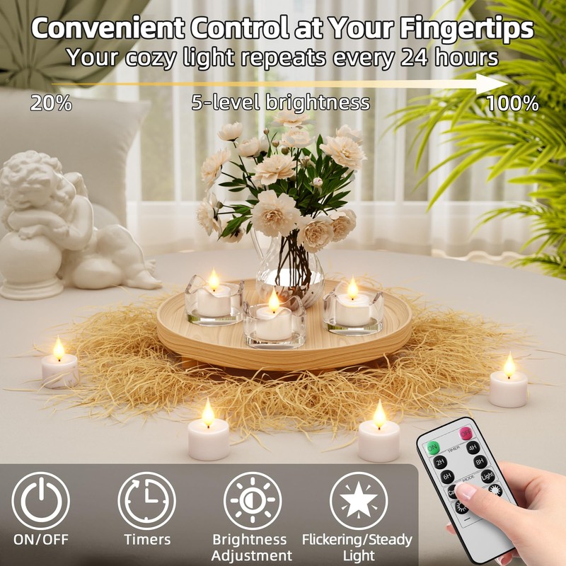 Rechargeable Flameless Tea Lights Candles with Remote Charging Base 12Pcs