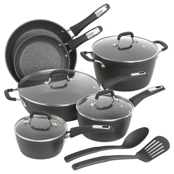 GoodCook 12-Piece Micro-Divot Nonstick Aluminum Cookware Set with Pans, Dutch Oven, Spoon and Turner, Black (6184)