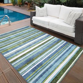 ReaLife Rugs Machine Washable Indoor Outdoor - Mat Rug Foldable Printed Thin Lightweight Cushioned Fade Resistant Patio Deck Dock Porch Pool Balcony Camping - Isla - Blue Green 5' x 7'