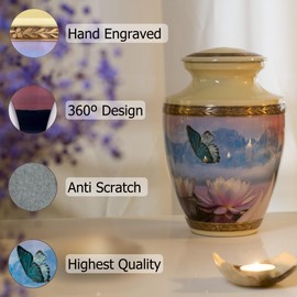 Women Butterfly Urn for Ashes, Light Color, Cream Metal Cremation Vessel for Adult Female, 200 Cubic in. Flower Design Memorial Ewer for Burial, Velvet Bag, Anti-Scratch Felt Bottom.