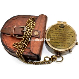 Nautical Hut to My Son I Pray You'll Always Be Safe Love Dad Brass Antique Compass with Leather Case Unique Gift for Son Graduation Day Gift Birthday Gift Baptism Day Gift Inspirational Gift