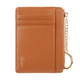 Women's Slim Minimalist Card Holder Coin Changes Purse Keychain Front Pocket Wallet with ID Window, Brown ID