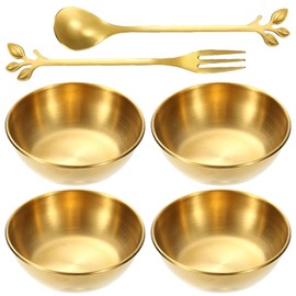 Xiciki Gold Dipping Bowls Set of 4, Stainless Steel Small Bowls with Spoon and Fork for Sauce, Premium Gold Bowl for Appetizers, Home Living Gold Dipping Bowls for Kitchen and Restaurant