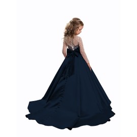 Christmas Flower Girl Dress Floor Length Button Draped Tulle Ball Gowns for Kids (8, Navy)