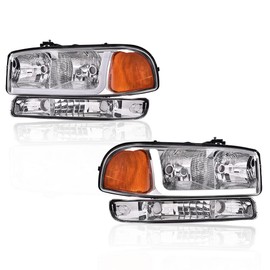 CHEDA LED DRL Headlights Assembly Compatible with 1999 2000 2001 2002 2003 2004 2005 2006 2007 GMC Sierra/Yukon W/Bumper Signal Lamps(Clear lens Chrome Housing Amber Reflector) Faros Conjunto De Faros