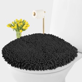 LuxUrux Toilet Lid Cover, Extra-Soft Plush Seat Cloud Washable Shaggy Microfiber Standard Toilet Lid Covers for Bathroom Machine Wash & Dry (Toilet Lid Cover, Black)