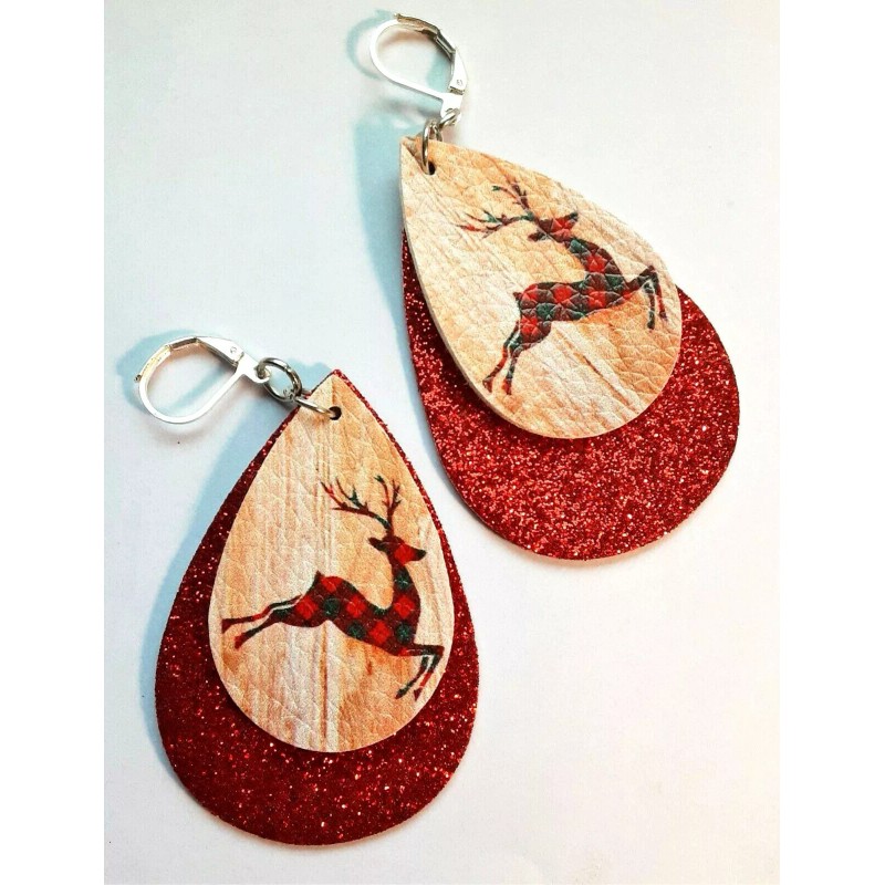 handcrafted CHRISTMAS DEER glitter red PU Leather dangle earring SP