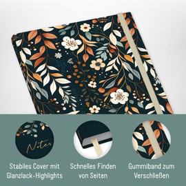 paper&you® Notebook A5+ Squared with Elastic Band [Pretty Flowers] 156 Pages, 78 Sheets, Bullet Journal, Diary, Notebook, Sustainable and Climate Friendly