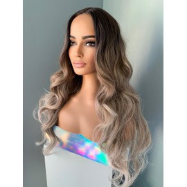 The Extension Room Long Wavy Wig, Brown to Blonde Ombre, 24 Inch Rooted Ombre Curled Partial Lace Front Wig