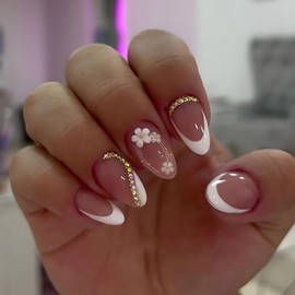 White French Tip Press on Nails 3D Flower Fake Nails Medium Almond False Nails with Designs Glossy Nude Glue on Nail Full Cover Rhinestones Acrylic Nail Cute Stick on Nails for Women Girls 24Pcs