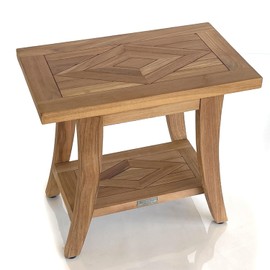 Bayview Patio Nautica Teak Shower Bench with Shelf, Shower Stool for Bath Tub or Spa or Sauna, Shower Bench for Elderly, Indoor, Outdoor Bathroom Stool Bench, Shower Seat, Teak Side End Table