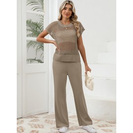 OUKODS Women Two Piece Outfits Crochet Sheer Knit Sweater Top Wide Leg Pants Lounge Matching Sets Sweatsuit Travel Clothes