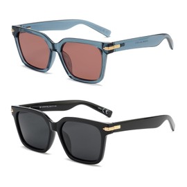 OUWEN 2 Pack Vintage Polarized Rectangle Sunglasses for Women Men, Trendy Colored Flexible Plastic Frame Black/Blue OW2234AB