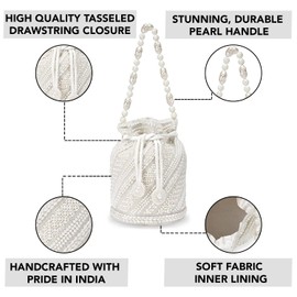 Aheli Indian Potli Bags for Women Evening Bag Clutch Ethnic Bride Purse with Drawstring (White Embellished 1)
